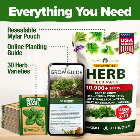 30 10,900+ Pack Set HOME GROWN Herb Seeds for Planting Non-GMO Heirloom Seeds | Extra Large Variety Herb Kit Indoor
