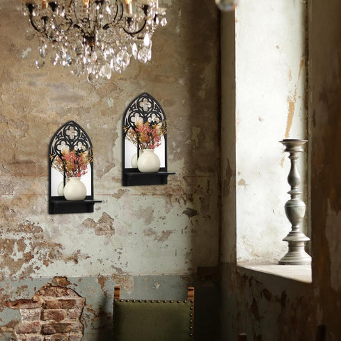 2 Set Gothic Candle Sconces Wall Decor, Arch Cathedral Frame Gothic Wall Sconce Candle Holder for Bedroom, Bathroom