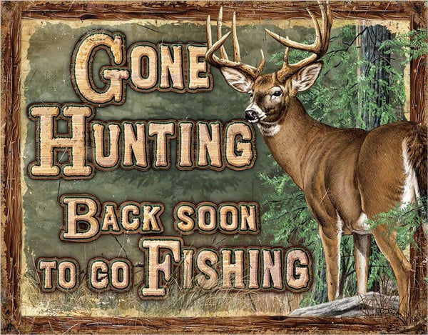 Desperate Enterprises Gone Hunting Tin Sign - Vintage Nostalgic Metal Wall Decor, Made in USA