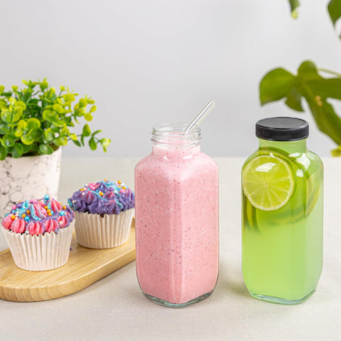 umud 16 Oz Set 8 (8) Juice Bottles with Lids, - of - Clear Glass Jars with Caps - Reusable Empty Drink Containers