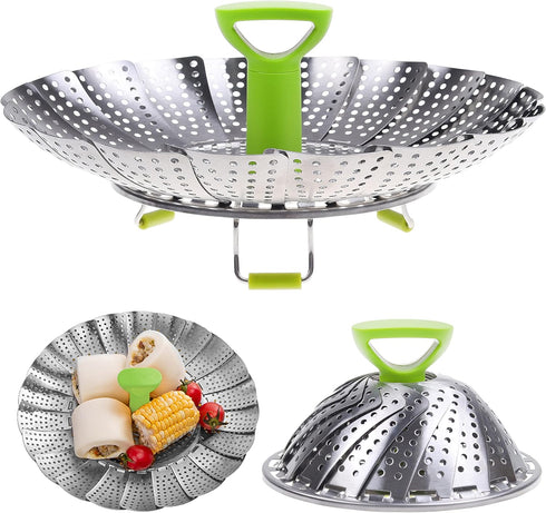 Kare & Kind Adjustable Steamer Basket, Extendable Stainless Steel Steamer with Center Handle, 5.1" to 9"