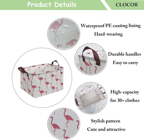 CLOCOR Rectangular Flamingo Storage Basket - Collapsible Waterproof Bin with Handles, Cute Pattern
