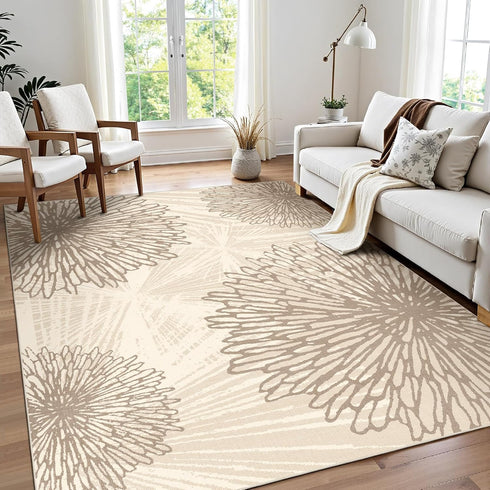WITSHOCK 5x7 Area Rugs for Living Room: Beige Floral Washable Rugs for
