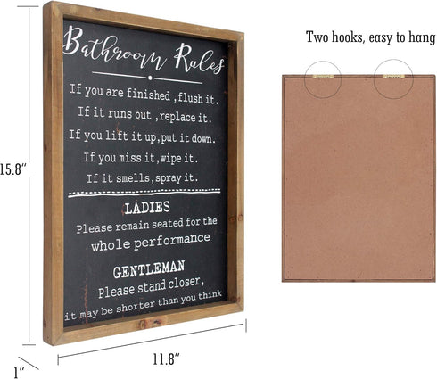 Rustic Bathroom Rules Sign – Funny Farmhouse Toilet Wall Decor – Wood Framed Wall Art Decorations (11.8x15.8in) (black)