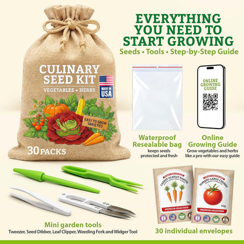 Pack 30 Culinary Vegetable & Herb Seeds Variety - Heirloom Non-GMO Garden Seeds for Planting, Seed Kit with Tools, Made