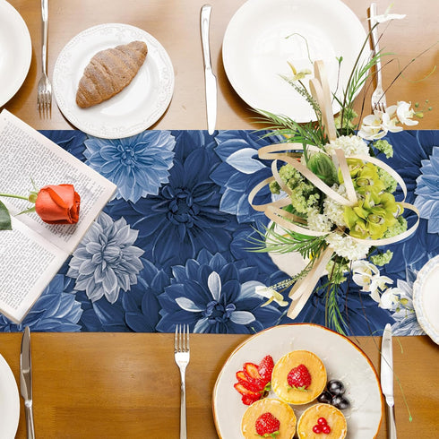 Summer 13x108 Inch Navy Blue Dahlia Flower Spring Table Runner Blue Gray Burlap Table Runners, Floral Seasonal Coffee