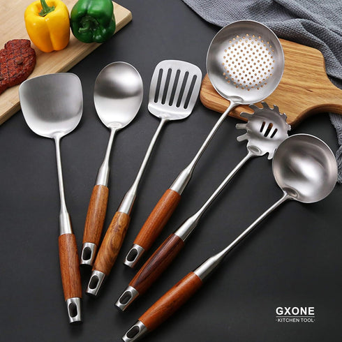 Large Serving Spoons - 304 Stainless Steel Cooking Spoon with Heat Resistant Wooden Handle, Silver, 12.4 Inch