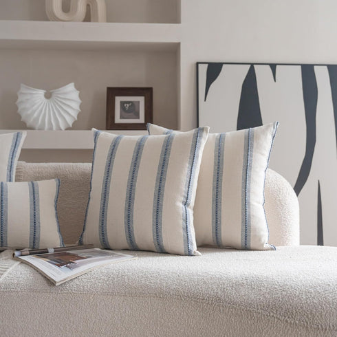 18x18 Set 2, Cethom Boho Throw Pillow Covers of Beige and Blue Striped Decorative Pillow Cases for Couch Chair Bed