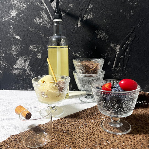 Set 4, 9oz (4PCS) Vintage Glass Dessert Bowls, of Glass Ice Cream Sundae Cups with Sunflower Pattern Glass Dessert