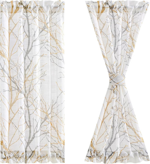 FMFUNCTEX White Sheer Front Door Curtains, 40 Inches Long Yellow Grey Print Branch Tree Half French Panel, 50 Inches