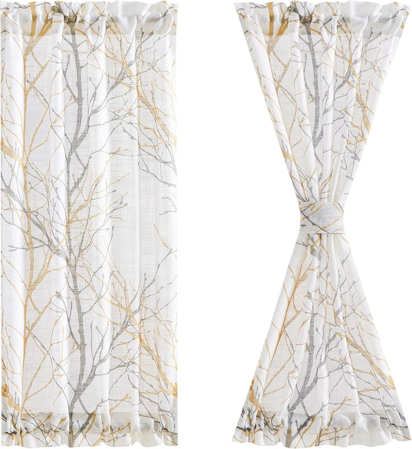 FMFUNCTEX French Front Door Curtains for Glass Door, 72 Inches White Semi-Sheer with Yellow and Grey Branch Print