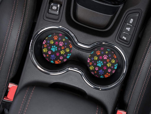 Multicolor Paws Dog Design Absorbent ROUND Fabric Felt Neoprene Car Coasters for Drinks, 2pcs Set