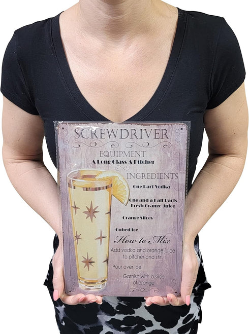 8" x 12" Popular Cocktails and Drink Mix Recipes Menu on Metal Tin Sign Wall Decor Plaque Poster (SCREWDRIVER)