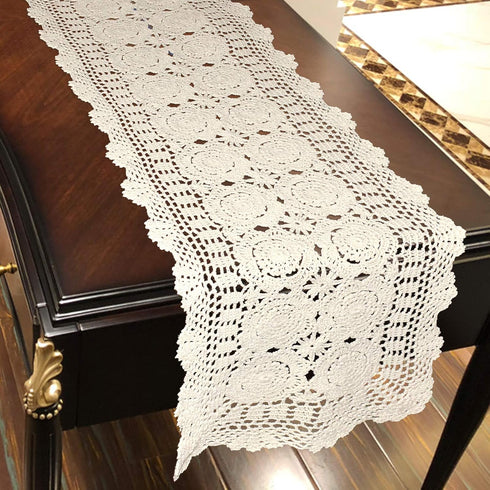 15.7"x59" USTIDE Handmade Crochet Lace Table Runners Beige Cotton Doilies for Coffee Table Dresser End Table