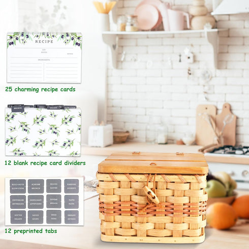 Primo Lines Bamboo Recipe Box with 2 Slots, 25 Recipe Cards, 12 Dividers, Wicker Picnicbasket Set