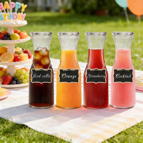 INSETLAN 1 Set 4- 4 Liter Ribbed Glass Carafe with Lid, of Juice Carafe for Mimosa Bar, Brunch,Parties, Beverage