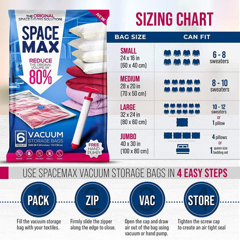 Small 6 Pack SPACE MAX Premium Space Saver Vacuum Storage Bags, Reusable with Travel Hand Pump