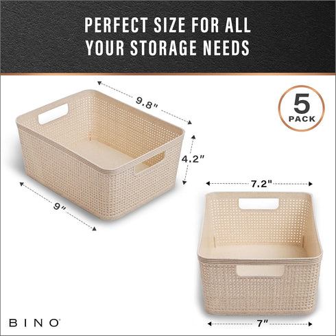 BINO Woven Plastic Basket Small (Natural), 5-Pack, THE JUTE COLLECTION, Stylish Home Organization Storage