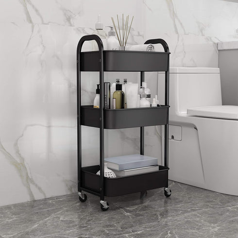 3-Tier Rolling Utility Cart - Black with Caster Wheels