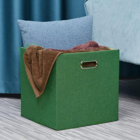 Grass Green Cube Storage Bins 11×11 Linen Foldable Box Set of 4, Large Capacity Collapsible Organization Basket for