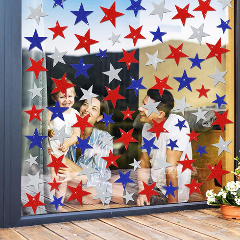 Whaline 96Pcs Glitter Stars Window Clings, Patriotic Blue Red White Stickers for 4th of July Party Supplies