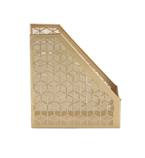 Deco 79 Metal Geometric Magazine Holder, Single Slot with Laser Carved Design, Gold