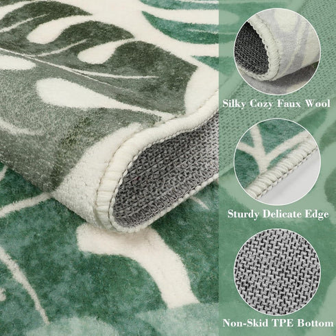 3x5 Wonnitar Monstera Washable Rug, Sage Green Leaf Area Rugs for Bedroom, Non-Slip Living Room Entry Throw Mat, Low