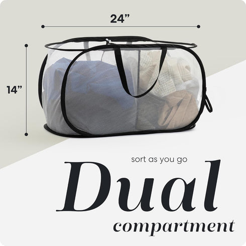 Foldable Laundry Basket - Popup and Collapsible, Durable Mesh Material, Folds for Storage, Easy Carry Handles. Great Hamper for College Dorm, Laundry Room or Travel. (White-Black | 2-Compartments)