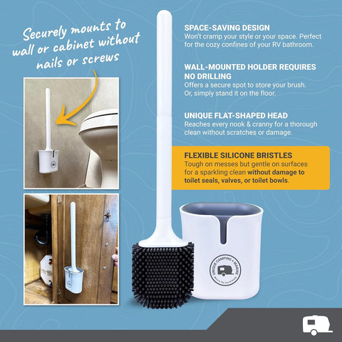Unique RV Toilet Bowl Brush, Compact Design with Silicone Bristles, No-Drip Holder for Easy Storage on Travel Days
