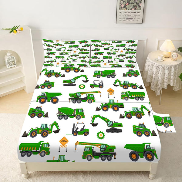 Sheet Set Green Tractor: Full Size Cartoon Excavator Truck Bed Sheets for
