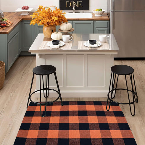 Cotton Orange and Black Plaid Rug - 27.5''x43'' Hand-Woven Washable Decorative Mat for Fall Outdoor Entryway