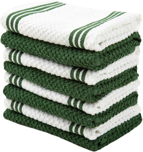 Kitchen Towels Dishcloths, 100% Cotton, Set of 8, Dark Green and White Reusable Cleaning Cloths