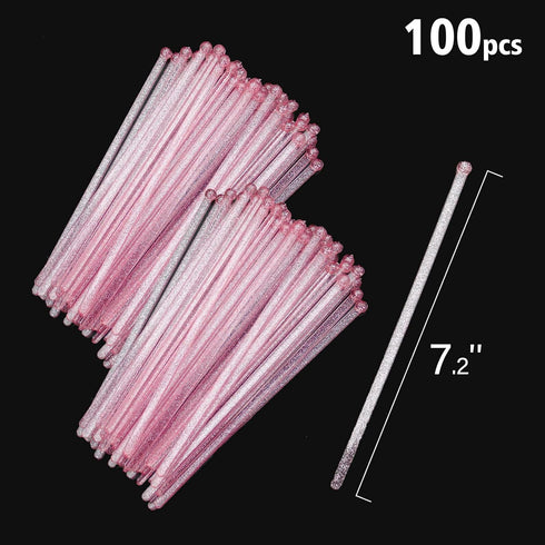 100-PCS Pink Glitter Plastic Swizzle Sticks, Cocktail Coffee Drink Stirrers for Valentines Day Christmas Party, 7.24