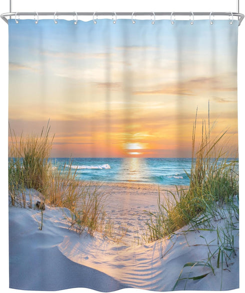 Riyidecor Beach Ocean Coastal Shower Curtain - 60Wx72H Inch Tropical Landscape Fabric Decor with 12 Pack Hooks
