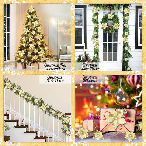 Geefuun 28PCS Christmas Tree Decorations: Gold Glitter Poinsettias Artificial Flowers Ornaments with Clips