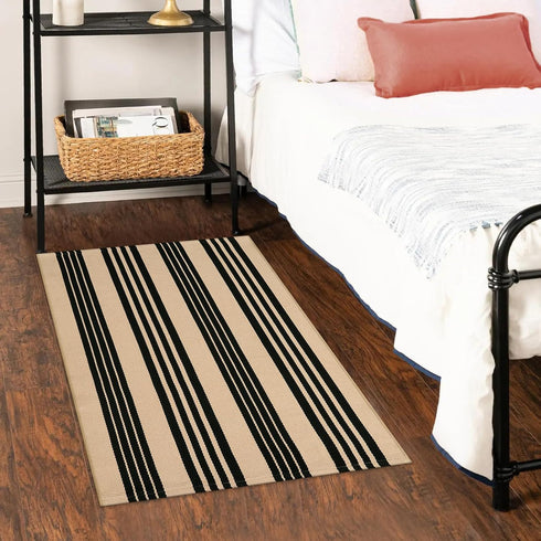 Black and Khaki Striped Rugs 2.3'x3.6', Washable Hand Woven Front Door Rug, Reversible Outdoor Welcome Mat