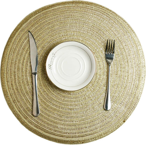SHACOS Golden Glitter Round Braided Placemats, Set of 6 Bling Circle Place Mats for Holiday Party Wedding Shower (Gold)