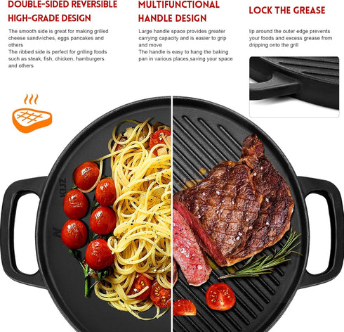 GGC Cast Iron Reversible Griddle, 12 Inch Griddle Pan for Stove Tops, Double-sided Baking Flat and Ribbed