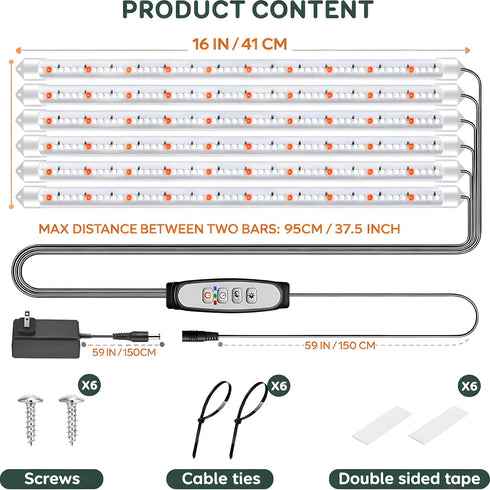 16'' 6 6/12/18H, 5 Dimmable Growing(Pack 1) SDOVUERC Bars Grow Light Strips for Indoor Plants with Auto ON/Off Timer