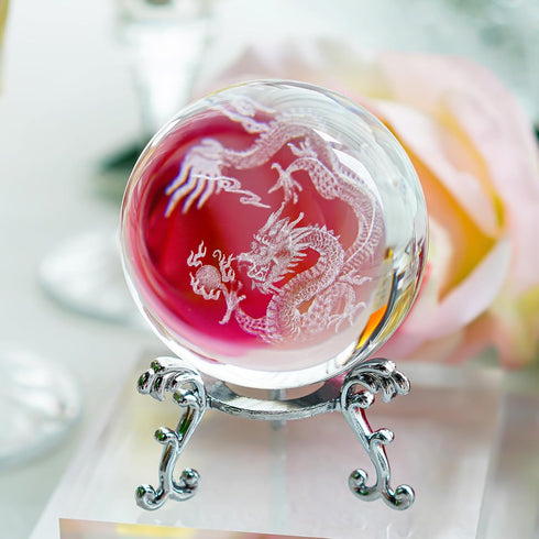 HDCRYSTALGIFTS 2.4 inch (60mm) Chinese Dragon Crystal Ball with Silver-Plated Stand, Fengshui Home Decoration