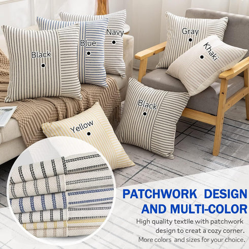 22x22, Set 2, YCOLL Farmhouse Pillow Covers Modern Accent Square Throw Pillow Covers of Blue and Beige Striped