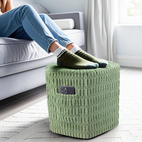 Hexagon Pouf Ottoman Stuffed with 2 Pockets & Handle, Comfort Corduroy Poufs,