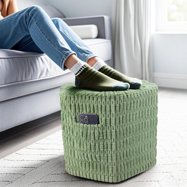 Hexagon Pouf Ottoman Stuffed with 2 Pockets & Handle, Comfort Corduroy Poufs,