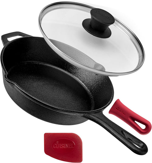 Cuisinel Cast Iron Skillet with Lid - 8" Frying Pan + Glass Cover + Silicone Grip Handle for Indoor/Outdoor Use