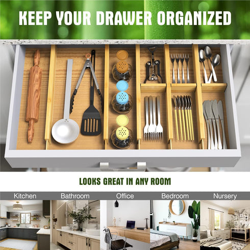 ANTOWIN Bamboo Drawer Dividers Organizers - Adjustable Spring-loaded Drawer Separators for Large Utensil, Clothes, Tools