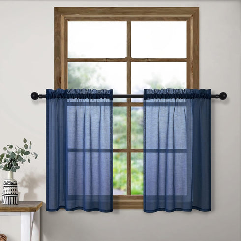 Navy Kitchen Curtains, 36 Inch Length for Basement Window, Semi Sheer Faux Linen Short Cafe Tier Drapes