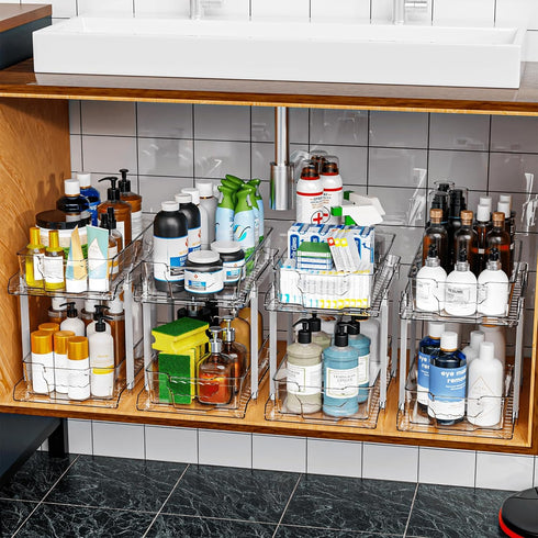 SuoXing 12.8" Tall 2 Tier Bathroom Cabinet Organizer, Set of 2 Clear Pull-Out Under Sink Organizers