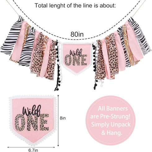 YOUAME Girls Leopard Print High Chair Banner - Wild One High Chair Decors, Pink Jungle Party Cheetah ONE Year Birthday