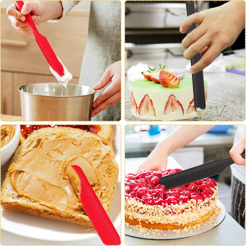 2pcs Heat Resistant Silicone Spatulas, Non-Stick Jar & Cake Cream Butter Scraper Tool with Long Handle (Red, Black)