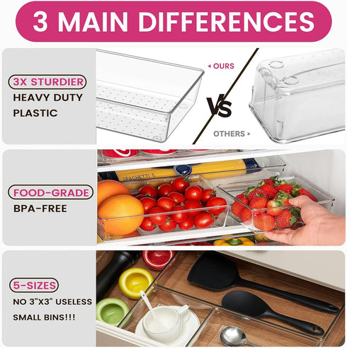 Criusia 26 Pack Large Clear Plastic Drawer Organizer Bins, Heavy Duty Acrylic Kitchen Storage